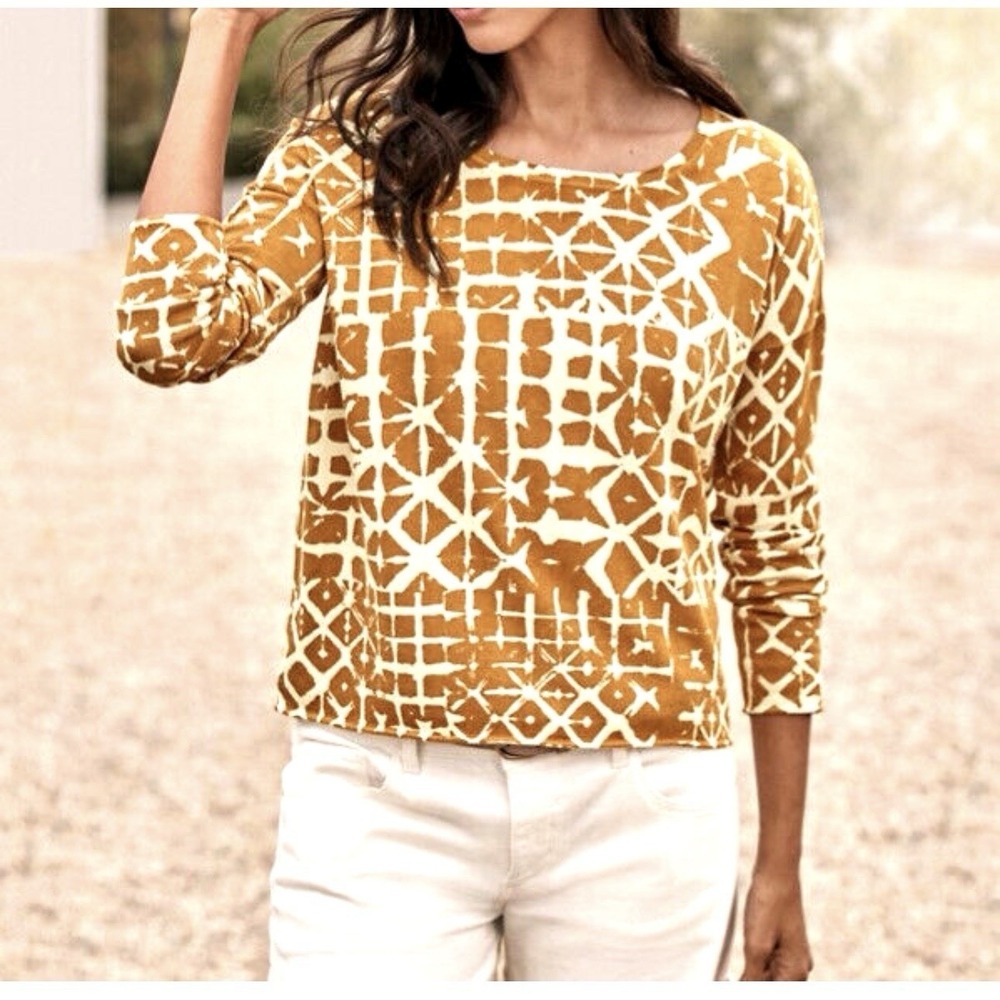 Garnet Hill Silk Cotton Boxy Batik Sweater Top Size Medium Gold Mustard Women